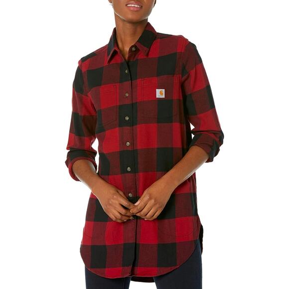 Carhartt Women XL Rugged Flex Fit Midweight Flannel Tunic Top Side Pockets Plaid - Picture 1 of 10